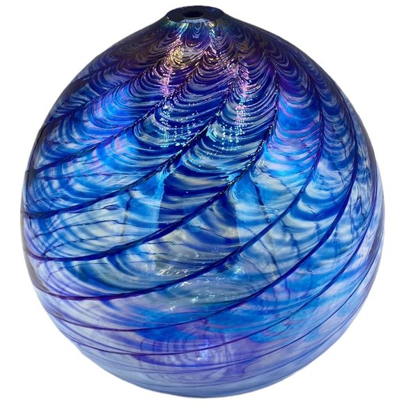 Blue Wave Iridescent Glass Decorative Diffuser Sphere Stem Bud Vase Home Decor - Picture 3 of 12